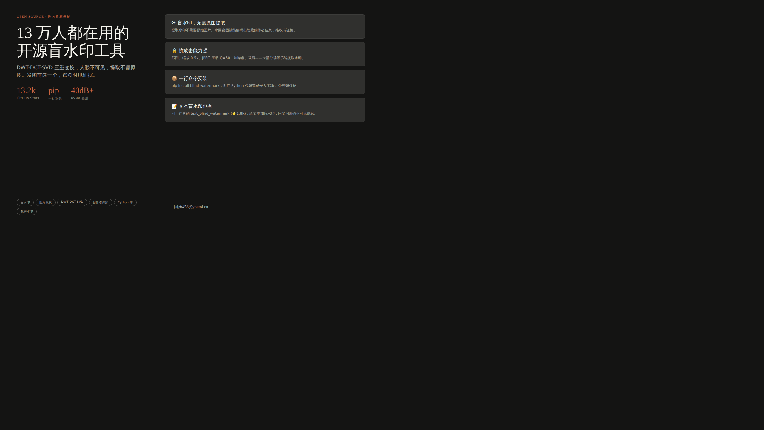 blind_watermark：13K Stars 的开源盲水印工具，DWT-DCT-SVD 图片版权保护
