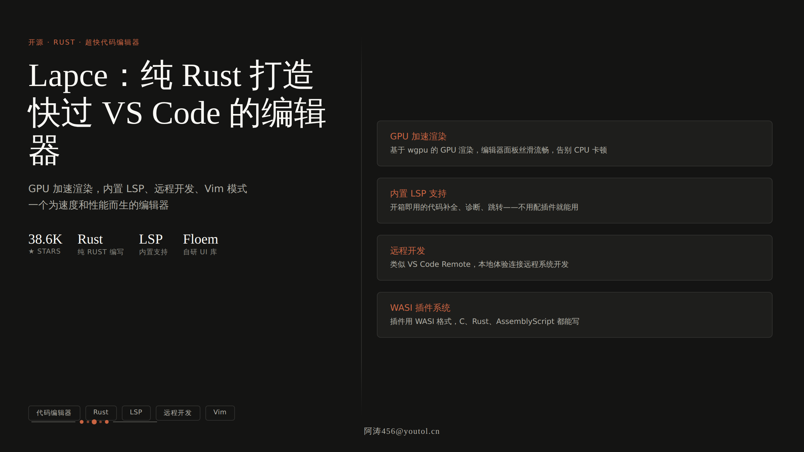 Lapce：纯 Rust 打造的开源代码编辑器，闪电般速度的 VS Code 替代品（38.6K Stars）