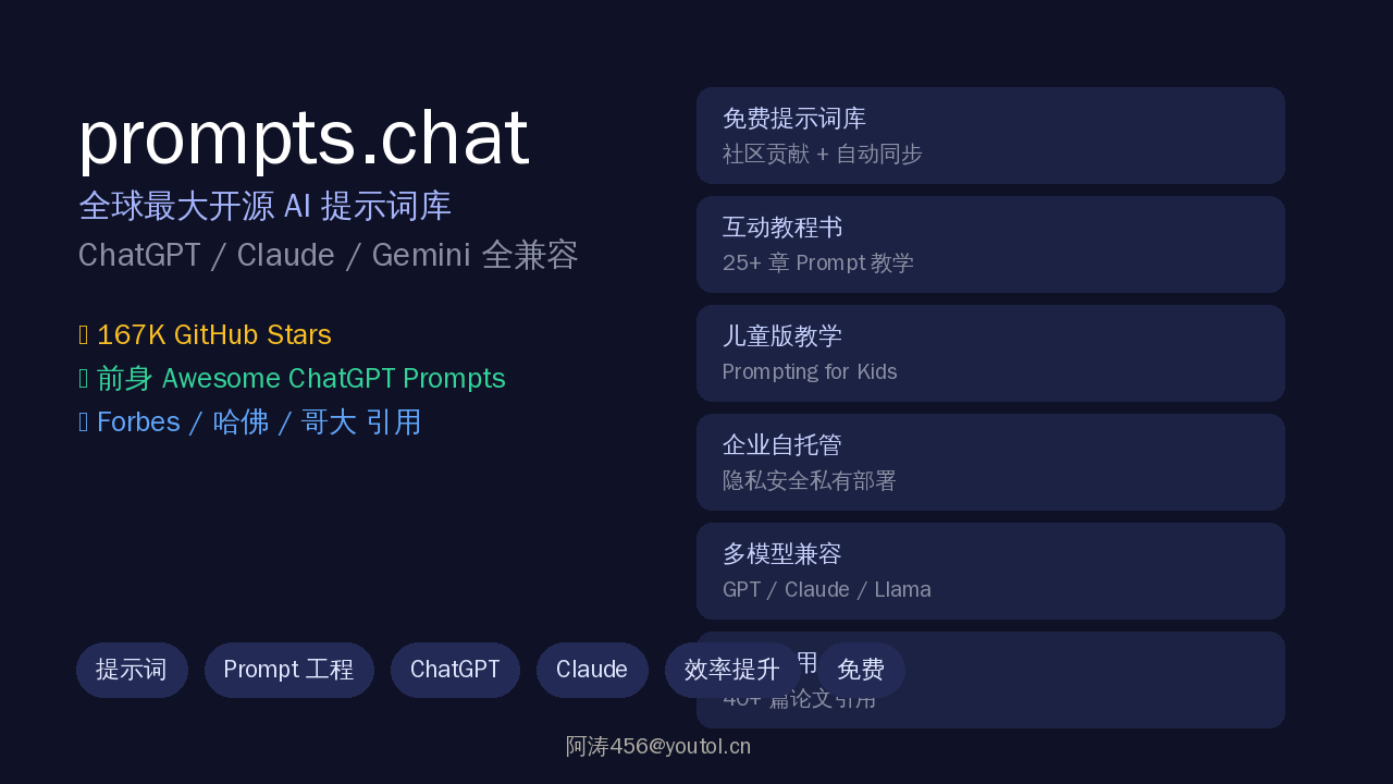 prompts.chat：全球最大免费提示词库，167K Star 开源项目