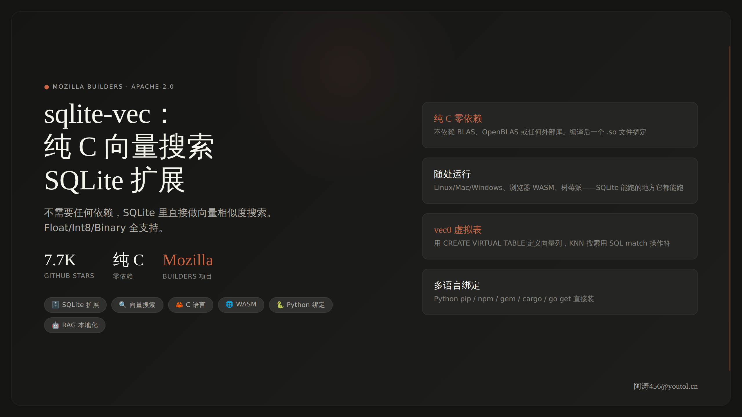 sqlite-vec：纯 C 向量搜索 SQLite 扩展，Mozilla 赞助的本地 RAG 利器