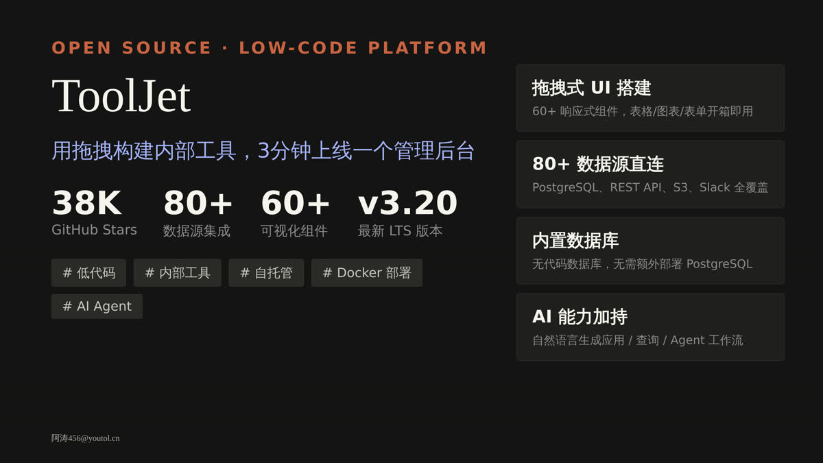 ToolJet：开源低代码平台，38K Stars 的内部工具神器