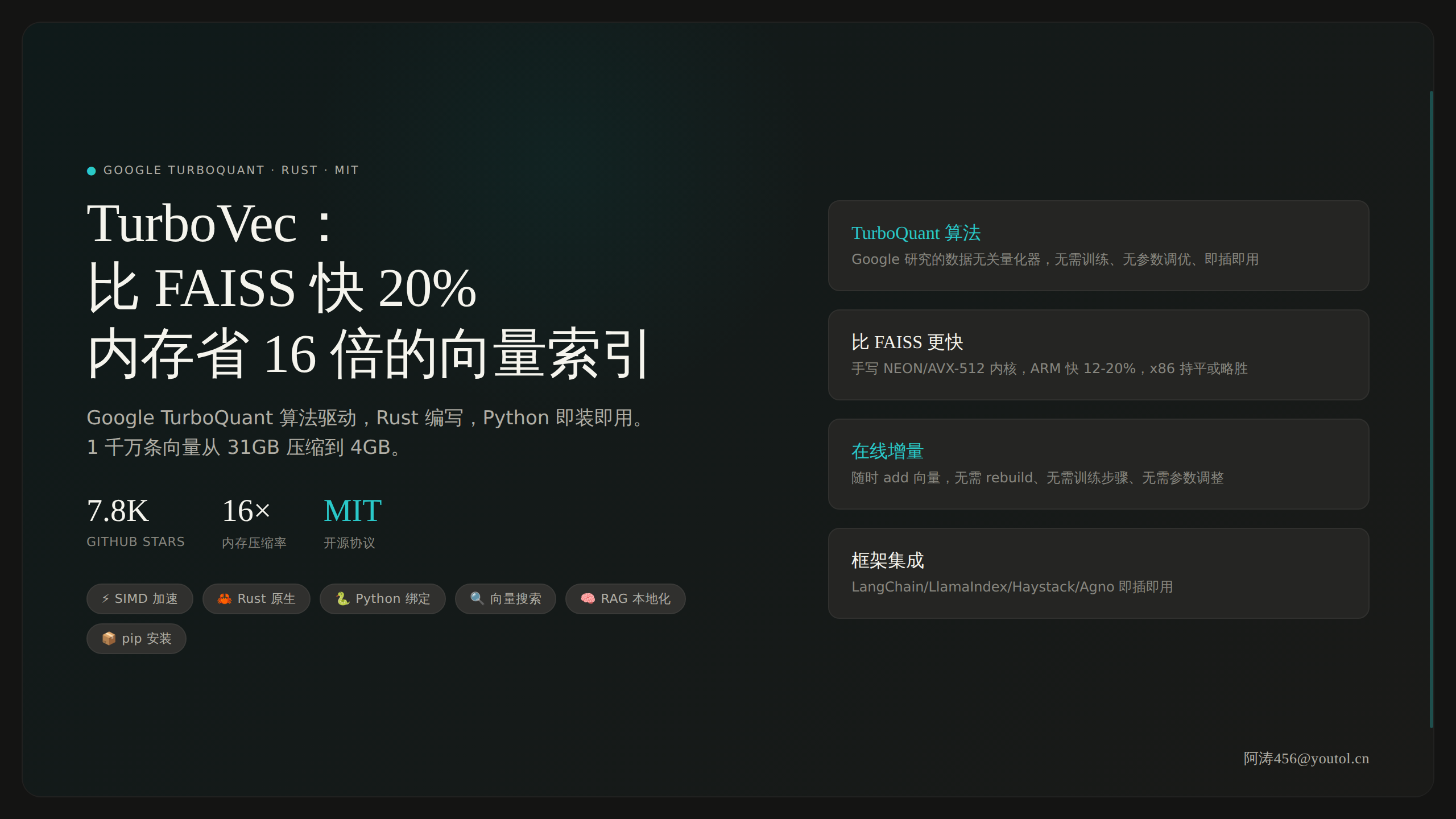 TurboVec：比 FAISS 快 20%、省 16 倍内存的向量索引，Google TurboQuant 算法驱动